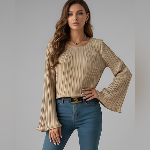Tops - Gold Pleated Bell Sleeve Blouse